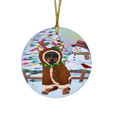 Christmas Gingerbread House Candyfest Doberman Pinscher Dog Round Flat Christmas Ornament RFPOR56683