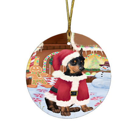 Christmas Gingerbread House Candyfest Doberman Pinscher Dog Round Flat Christmas Ornament RFPOR56684