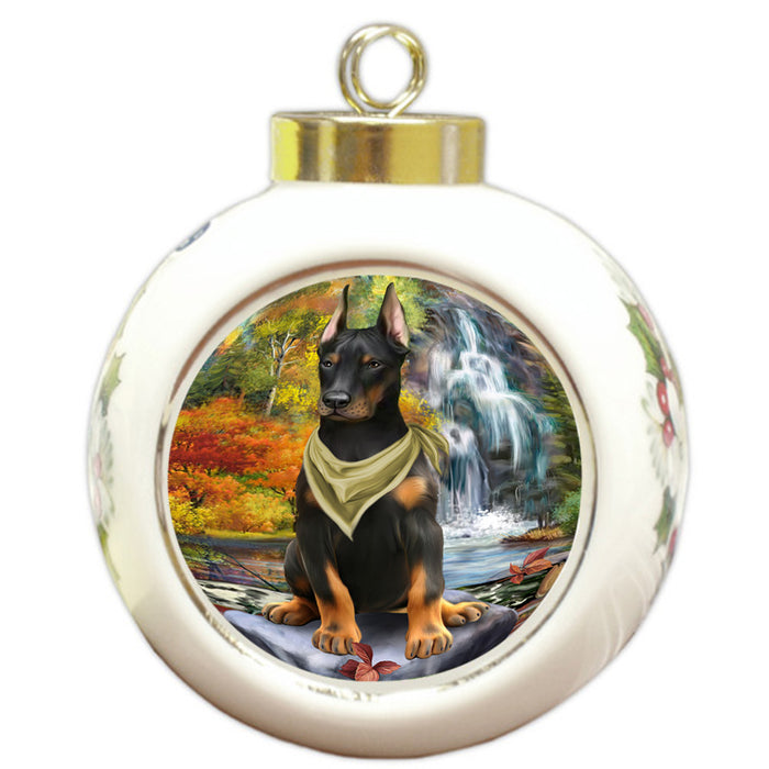 Scenic Waterfall Doberman Pinscher Dog Round Ball Christmas Ornament RBPOR51880
