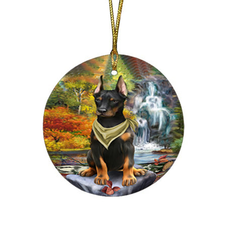 Scenic Waterfall Doberman Pinscher Dog Round Flat Christmas Ornament RFPOR51871