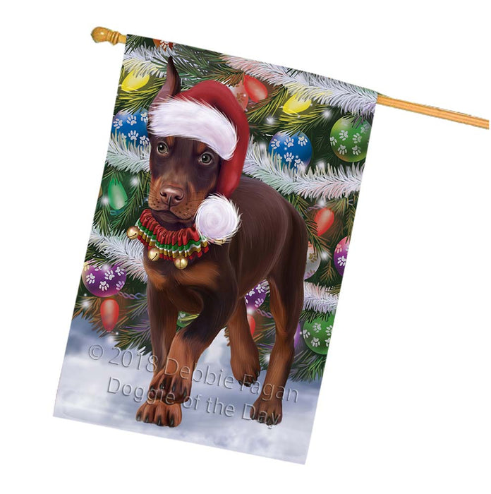 Trotting in the Snow Doberman Pinscher Dog House Flag FLG55867