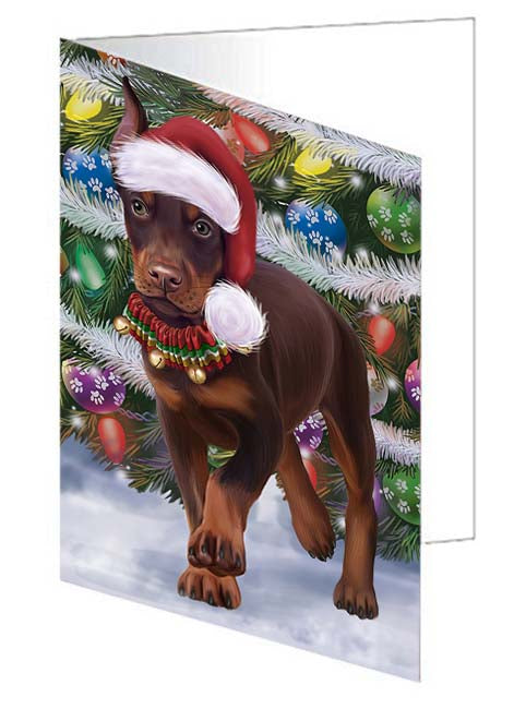 Trotting in the Snow Doberman Pinscher Dog Handmade Artwork Assorted Pets Greeting Cards and Note Cards with Envelopes for All Occasions and Holiday Seasons GCD70829