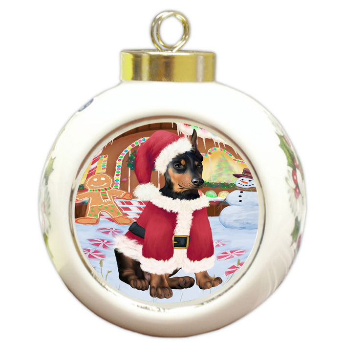 Christmas Gingerbread House Candyfest Doberman Pinscher Dog Round Ball Christmas Ornament RBPOR56684