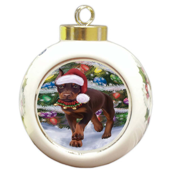 Trotting in the Snow Doberman Pinscher Dog Round Ball Christmas Ornament RBPOR55794