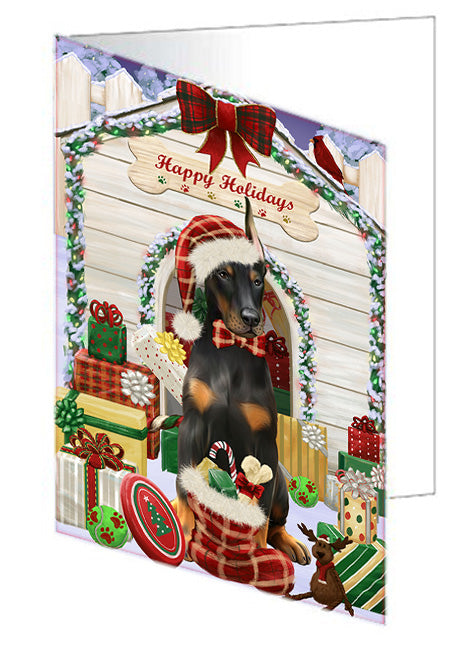 Happy Holidays Christmas Doberman Pinscher Dog House with Presents Handmade Artwork Assorted Pets Greeting Cards and Note Cards with Envelopes for All Occasions and Holiday Seasons GCD58259