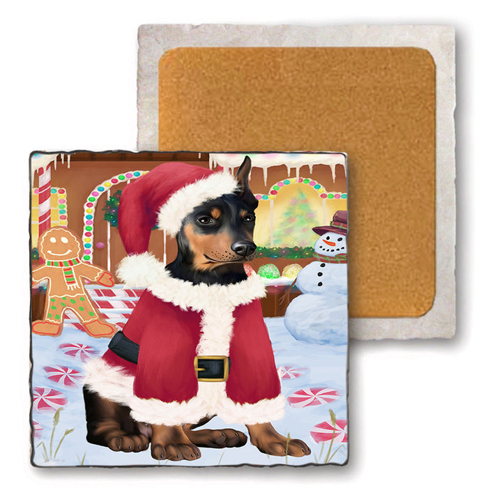 Christmas Gingerbread House Candyfest Doberman Pinscher Dog Set of 4 Natural Stone Marble Tile Coasters MCST51328