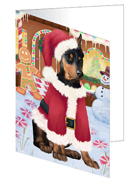Christmas Gingerbread House Candyfest Doberman Pinscher Dog Handmade Artwork Assorted Pets Greeting Cards and Note Cards with Envelopes for All Occasions and Holiday Seasons GCD73499