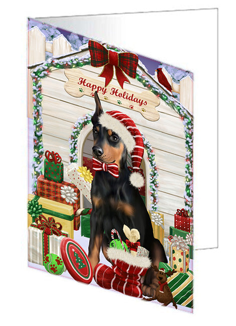 Happy Holidays Christmas Doberman Pinscher Dog House with Presents Handmade Artwork Assorted Pets Greeting Cards and Note Cards with Envelopes for All Occasions and Holiday Seasons GCD58262