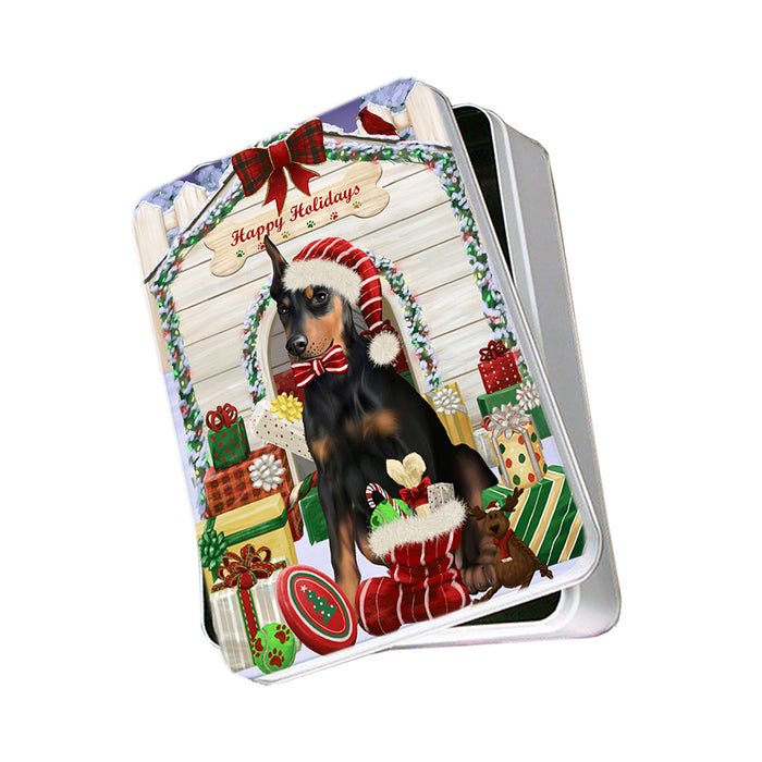 Happy Holidays Christmas Doberman Pinscher Dog House with Presents Photo Storage Tin PITN51411