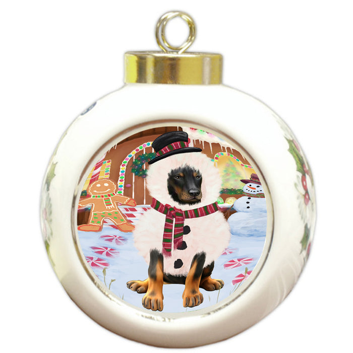 Christmas Gingerbread House Candyfest Doberman Pinscher Dog Round Ball Christmas Ornament RBPOR56685