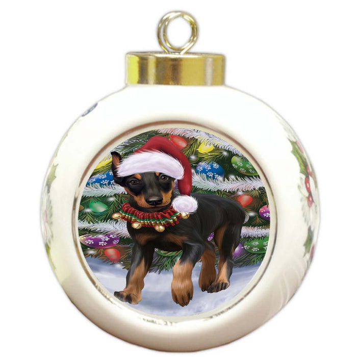 Trotting in the Snow Doberman Pinscher Dog Round Ball Christmas Ornament RBPOR55795