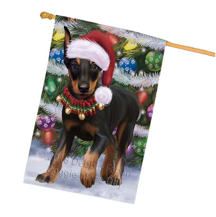 Trotting in the Snow Doberman Pinscher Dog House Flag FLG55868