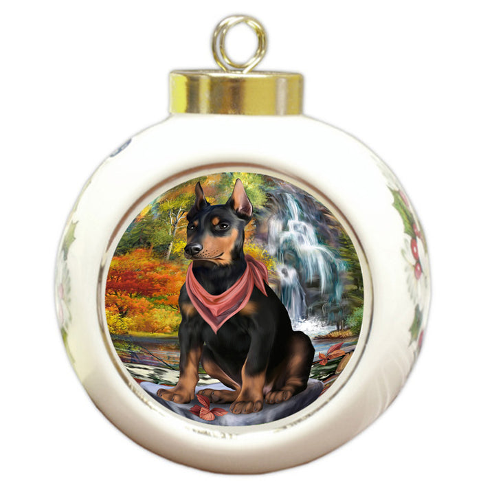 Scenic Waterfall Doberman Pinscher Dog Round Ball Christmas Ornament RBPOR51881