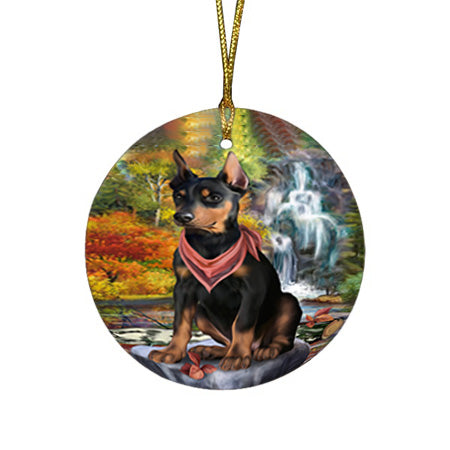 Scenic Waterfall Doberman Pinscher Dog Round Flat Christmas Ornament RFPOR51872