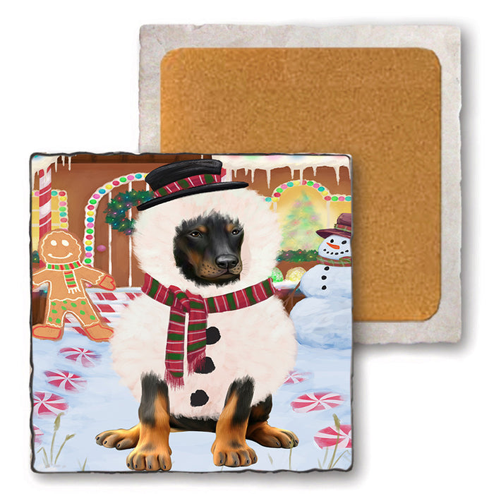 Christmas Gingerbread House Candyfest Doberman Pinscher Dog Set of 4 Natural Stone Marble Tile Coasters MCST51329