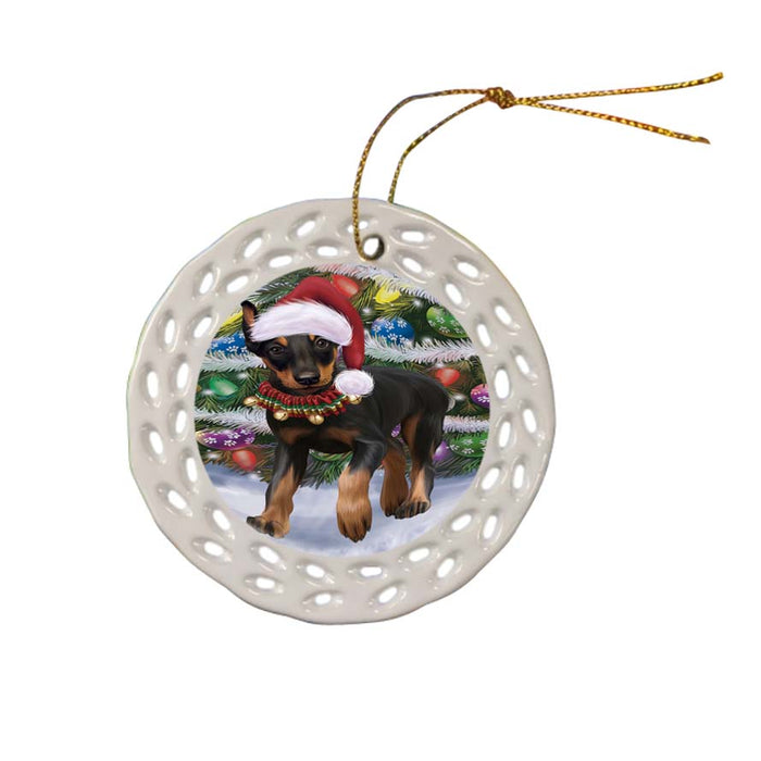 Trotting in the Snow Doberman Pinscher Dog Ceramic Doily Ornament DPOR55795