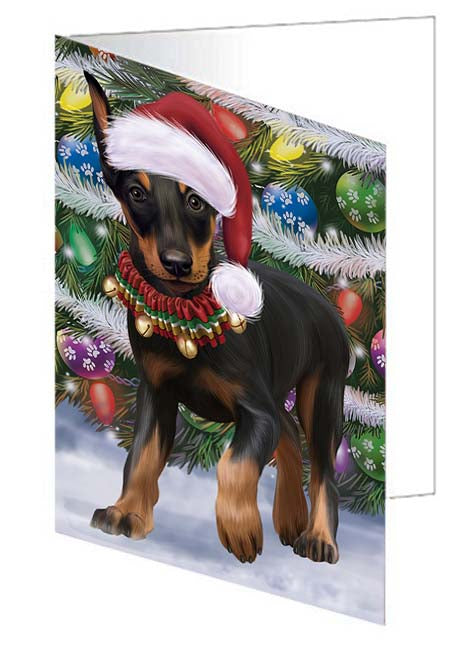 Trotting in the Snow Doberman Pinscher Dog Handmade Artwork Assorted Pets Greeting Cards and Note Cards with Envelopes for All Occasions and Holiday Seasons GCD70832