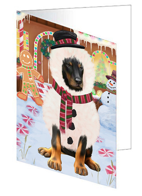 Christmas Gingerbread House Candyfest Doberman Pinscher Dog Handmade Artwork Assorted Pets Greeting Cards and Note Cards with Envelopes for All Occasions and Holiday Seasons GCD73502