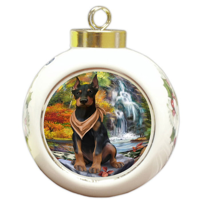 Scenic Waterfall Doberman Pinscher Dog Round Ball Christmas Ornament RBPOR51882