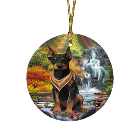 Scenic Waterfall Doberman Pinscher Dog Round Flat Christmas Ornament RFPOR51873