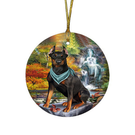 Scenic Waterfall Doberman Pinscher Dog Round Flat Christmas Ornament RFPOR51874