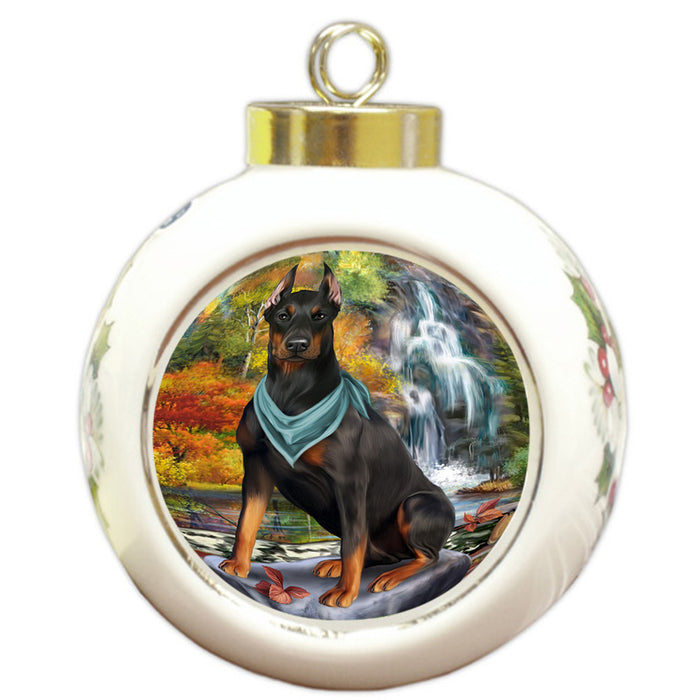 Scenic Waterfall Doberman Pinscher Dog Round Ball Christmas Ornament RBPOR51883