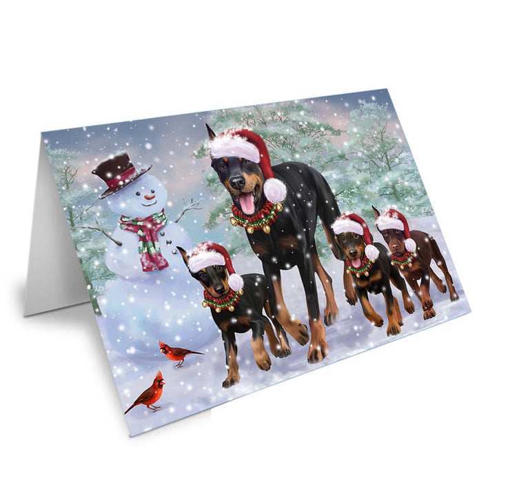 Christmas Running Family Doberman Pinschers Dog Handmade Artwork Assorted Pets Greeting Cards and Note Cards with Envelopes for All Occasions and Holiday Seasons GCD70919
