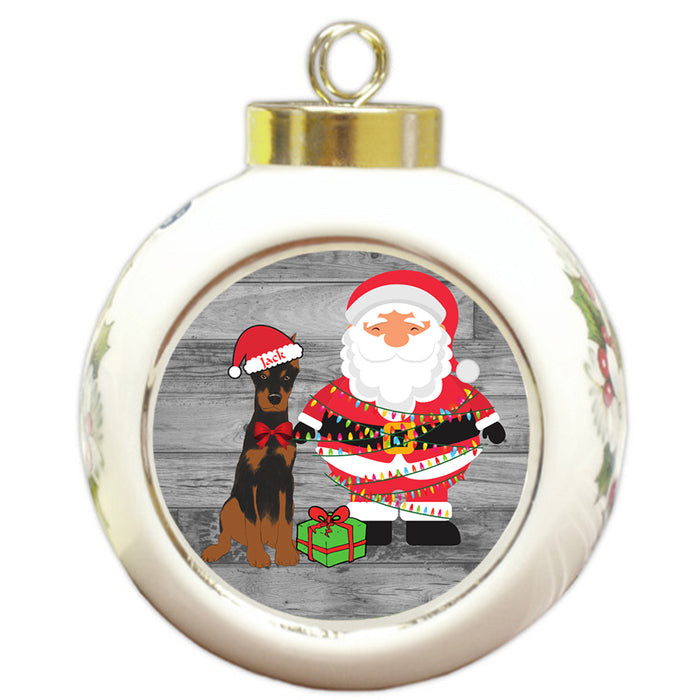 Custom Personalized Doberman Pinscher Dog With Santa Wrapped in Light Christmas Round Ball Ornament