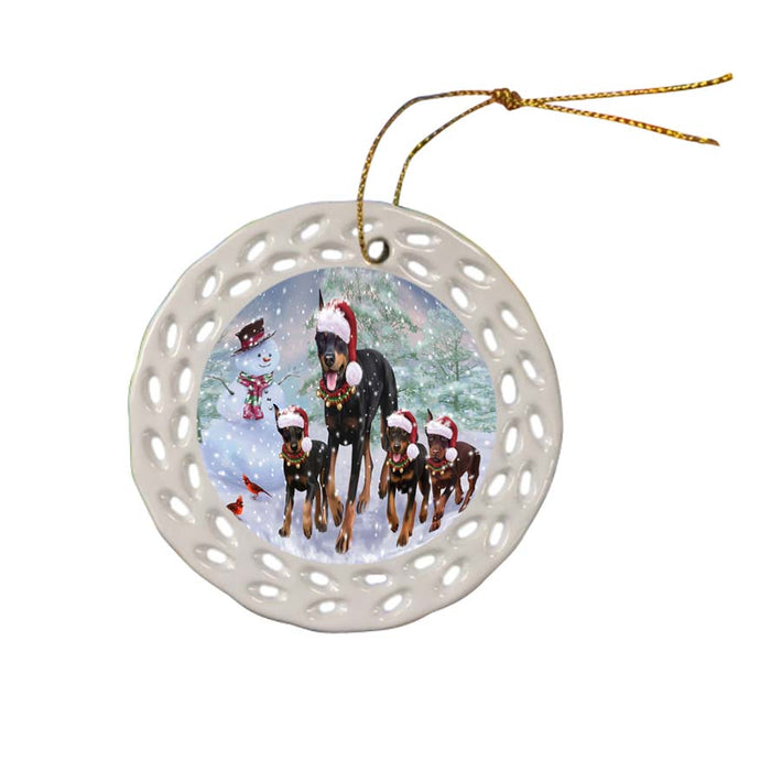 Christmas Running Family Doberman Pinschers Dog Ceramic Doily Ornament DPOR55824