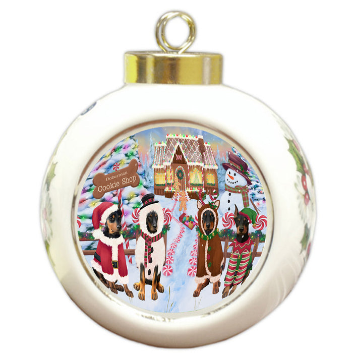 Holiday Gingerbread Cookie Shop Doberman Pinschers Dog Round Ball Christmas Ornament RBPOR56754