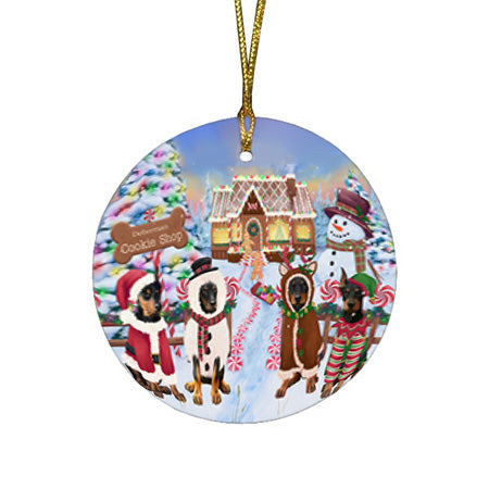 Holiday Gingerbread Cookie Shop Doberman Pinschers Dog Round Flat Christmas Ornament RFPOR56754