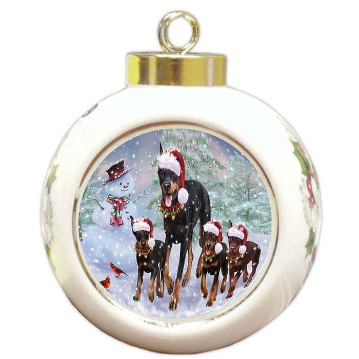 Christmas Running Family Doberman Pinschers Dog Round Ball Christmas Ornament RBPOR55824