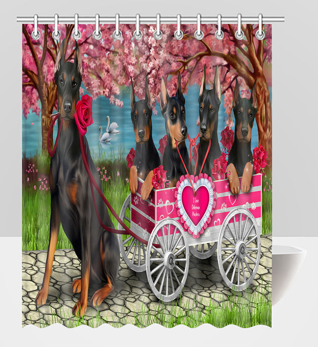 I Love Doberman Pinscher Dogs in a Cart Shower Curtain