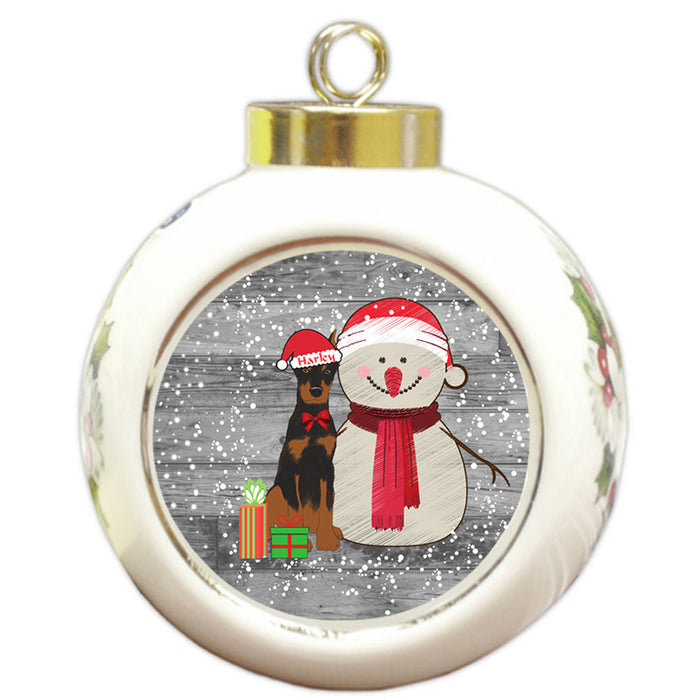 Custom Personalized Snowy Snowman and Doberman Pinscher Dog Christmas Round Ball Ornament