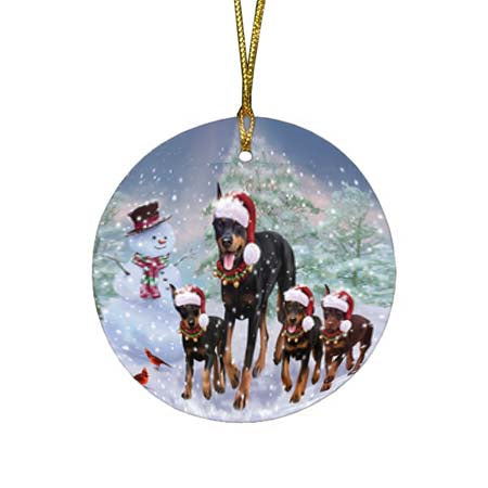 Christmas Running Family Doberman Pinschers Dog Round Flat Christmas Ornament RFPOR55824