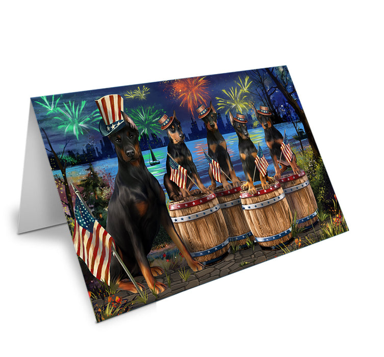 4th of July Independence Day Fireworks Doberman Pinschers at the Lake Handmade Artwork Assorted Pets Greeting Cards and Note Cards with Envelopes for All Occasions and Holiday Seasons GCD57128