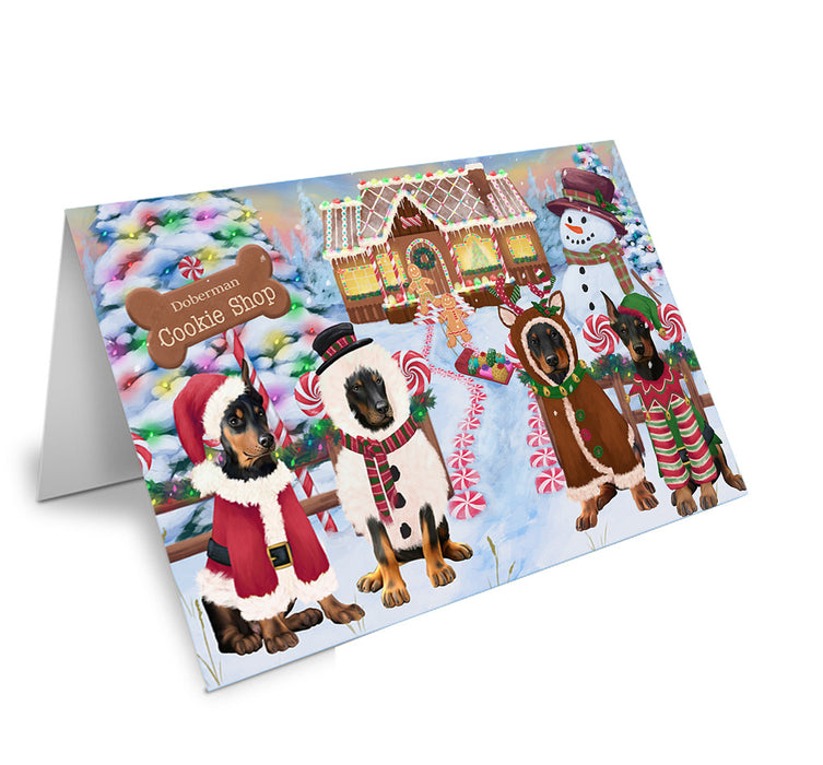 Holiday Gingerbread Cookie Shop Doberman Pinschers Dog Handmade Artwork Assorted Pets Greeting Cards and Note Cards with Envelopes for All Occasions and Holiday Seasons GCD73709