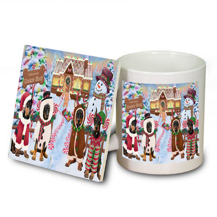 Holiday Gingerbread Cookie Shop Doberman Pinschers Dog Mug and Coaster Set MUC56390