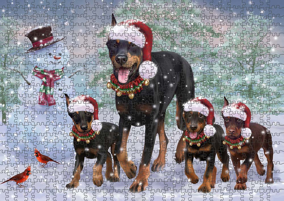 Christmas Running Family Doberman Pinschers Dog Puzzle with Photo Tin PUZL90076