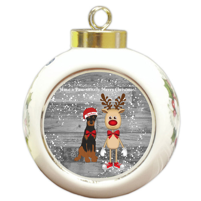 Custom Personalized Doberman Pinscher Dog Reindeer and Pooch Christmas Round Ball Ornament