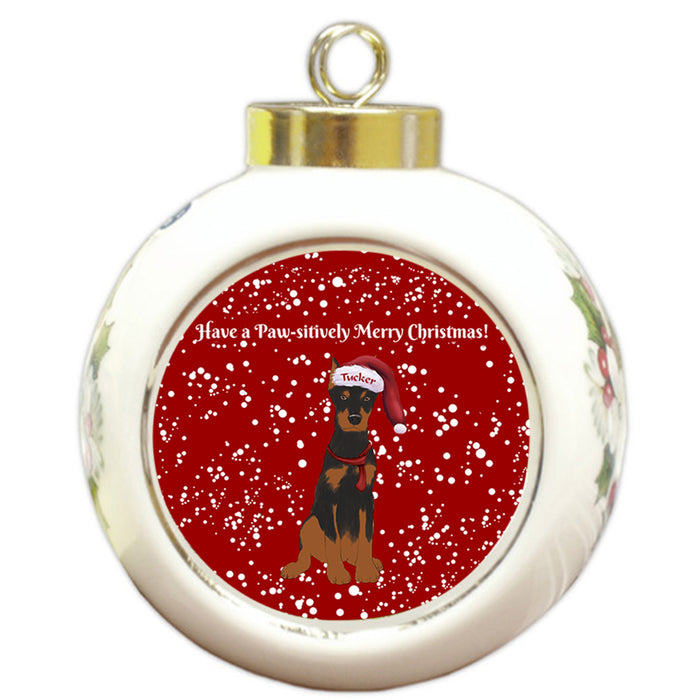 Custom Personalized Pawsitively Doberman Pinscher Dog Merry Christmas Round Ball Ornament