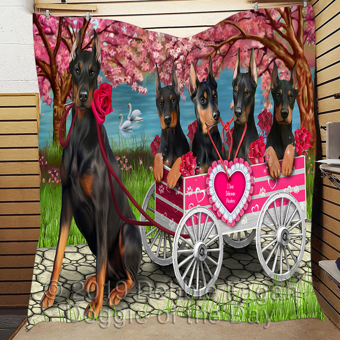 I Love Doberman Pinscher Dogs in a Cart Quilt