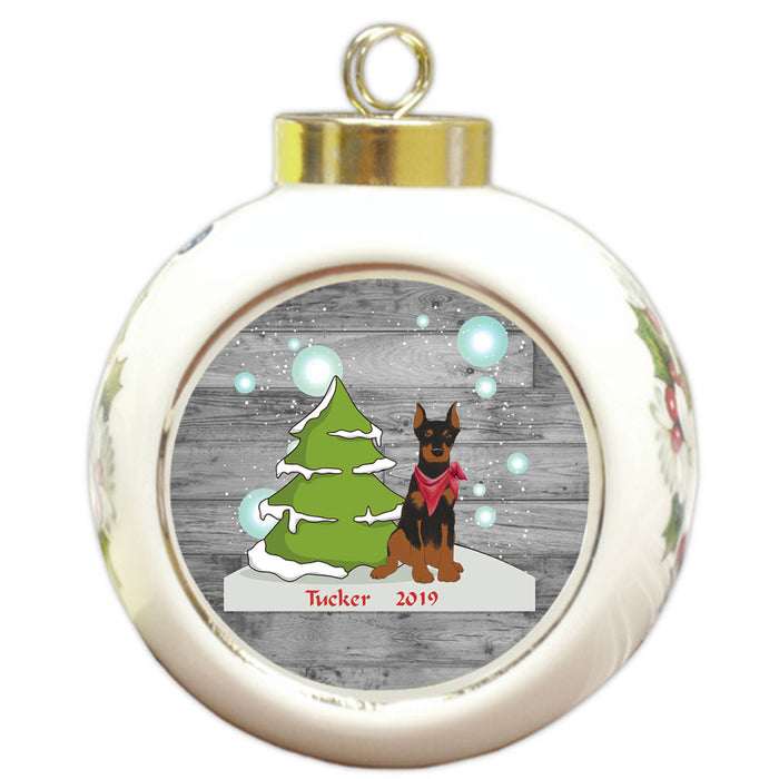 Custom Personalized Winter Scenic Tree and Presents Doberman Pinscher Dog Christmas Round Ball Ornament