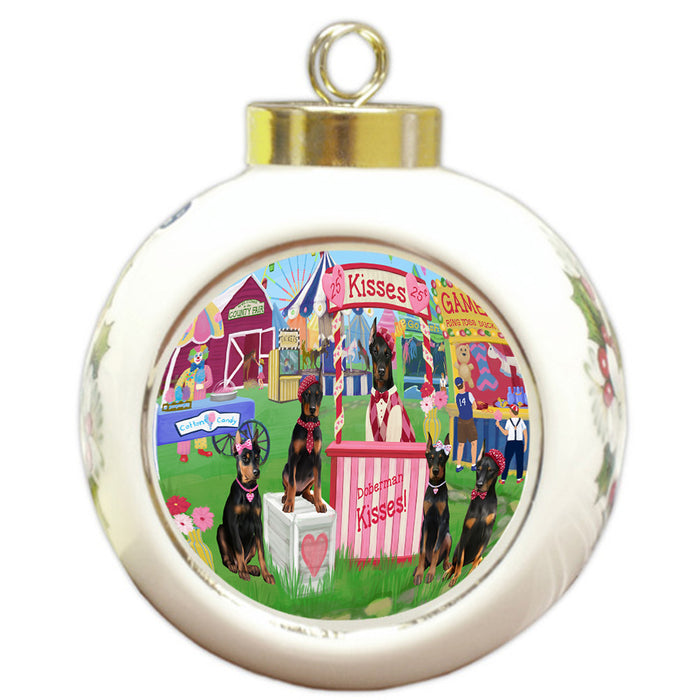 Carnival Kissing Booth Doberman Pinschers Dog Round Ball Christmas Ornament RBPOR56256
