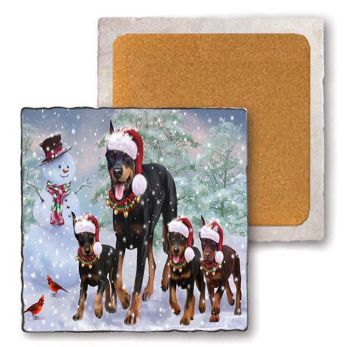 Christmas Running Family Doberman Pinschers Dog Set of 4 Natural Stone Marble Tile Coasters MCST50468