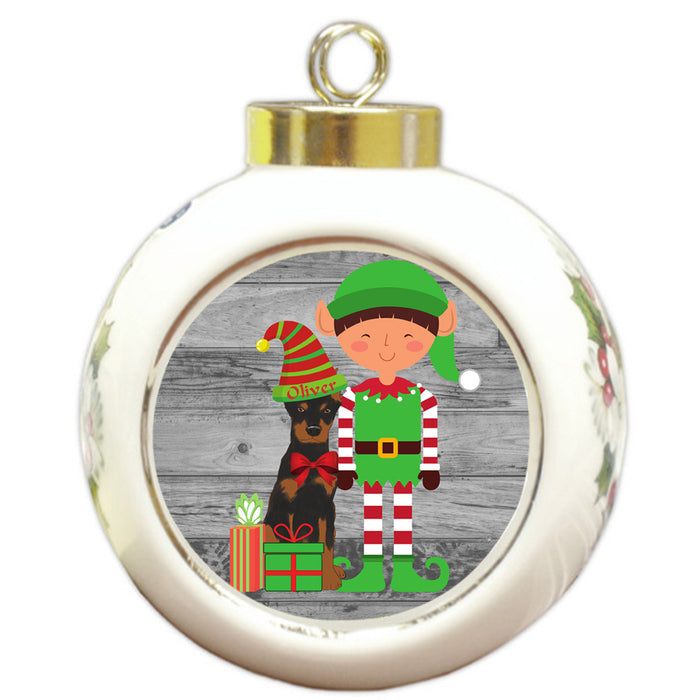 Custom Personalized Doberman Pinscher Dog Elfie and Presents Christmas Round Ball Ornament