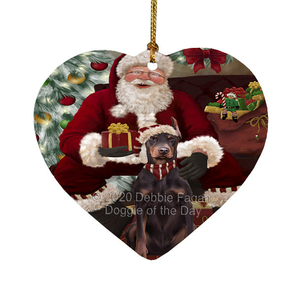 Santa's Christmas Surprise Doberman Dog Heart Christmas Ornament RFPOR58361
