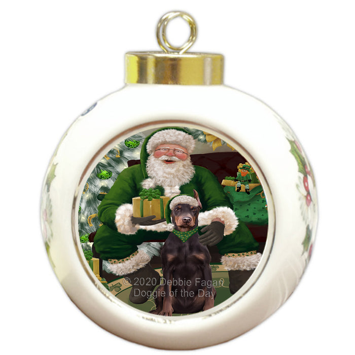 Christmas Irish Santa with Gift and Doberman Dog Round Ball Christmas Ornament RBPOR57921