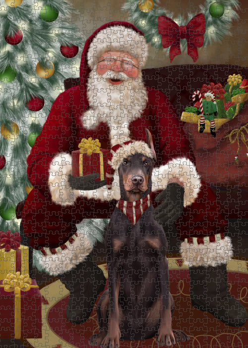 Santa's Christmas Surprise Doberman Dog Puzzle with Photo Tin PUZL100776