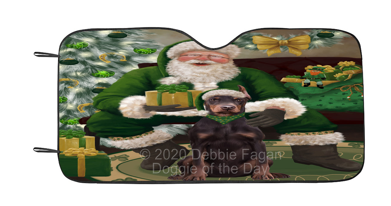 Christmas Irish Santa with Gift and Doberman Dog Car Sun Shade Cover Curtain